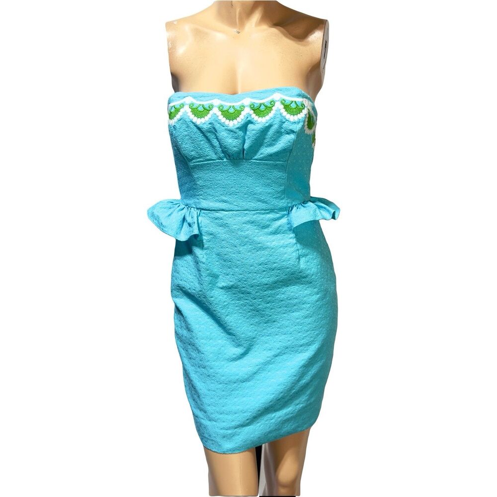 Lilly Pulitzer Maybell Dress Shorely Blue Strapless Embroidered Size 0 Ruffle